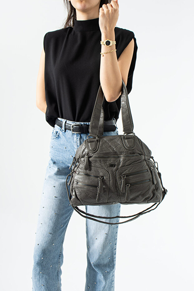 571 Imported Washed Leather 10-Compartment Full Zipper Waterproof Crossbody and Shoulder Bag (Width 33cm Length 25.5cm)
