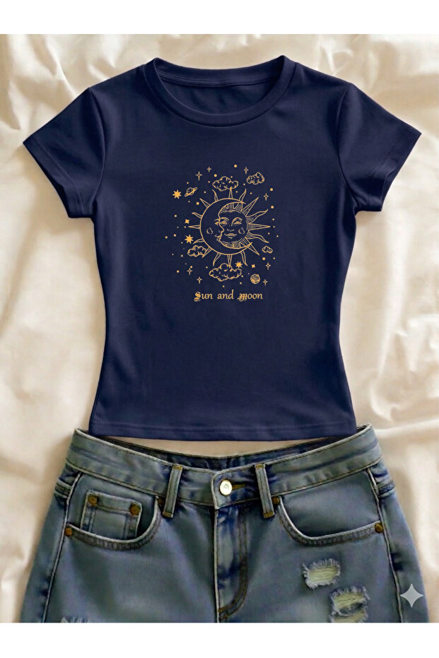 Moon and Sun Printed Lycra Slim Fit Short Sleeve Crew Neck Tee Crop