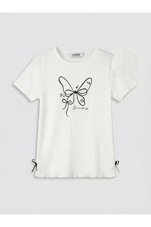 Lcw Kids Crew Neck Bow Detailed Girl's T-Shirt