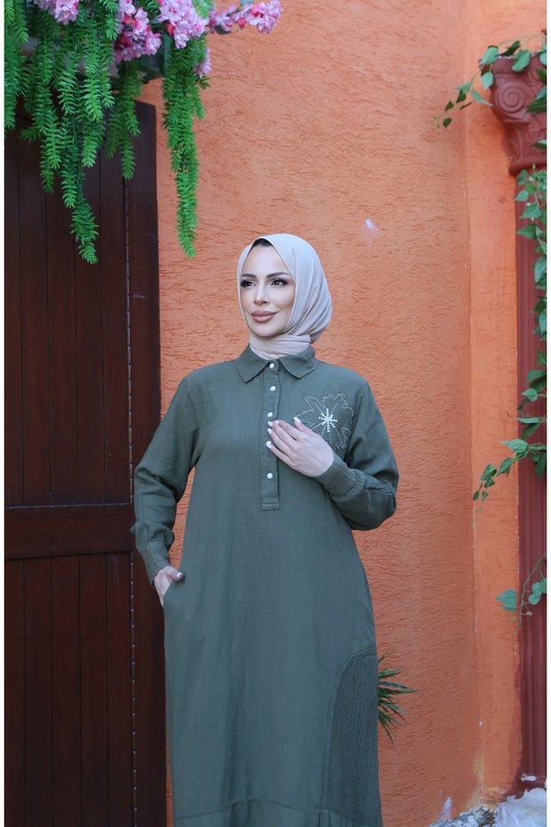 Wonderful Double Pocket Floral Embroidery Detailed 100% Cotton Special Design Linen Dress