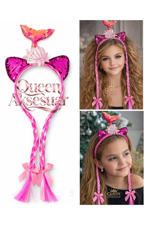 Mermaid Tail Fancy Crown with 2 Braided Pendants Hairpiece with Hair Crown with Sequins Fuchsia Pink with Sequined Ears