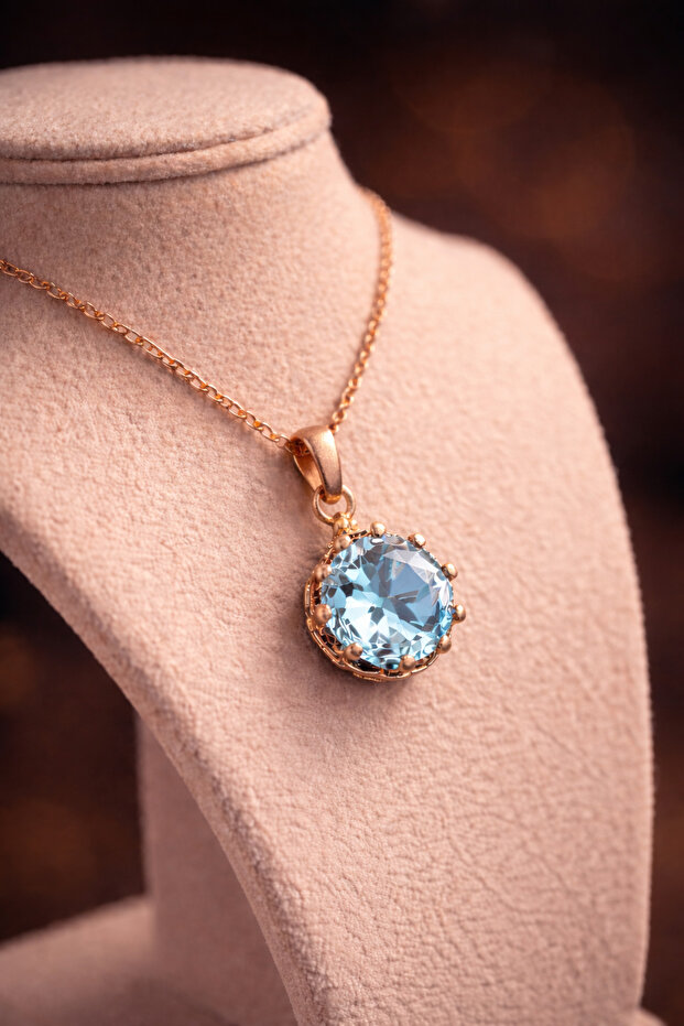 Women's Natural Light Blue Stone Round Pure Copper Chain Antiallergic Necklace