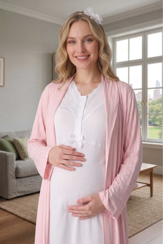 New Season Powder Shawl Collar Striped Full Length Summer 100% Cotton Special Design Maternity Dressing Gown Nightgown Set