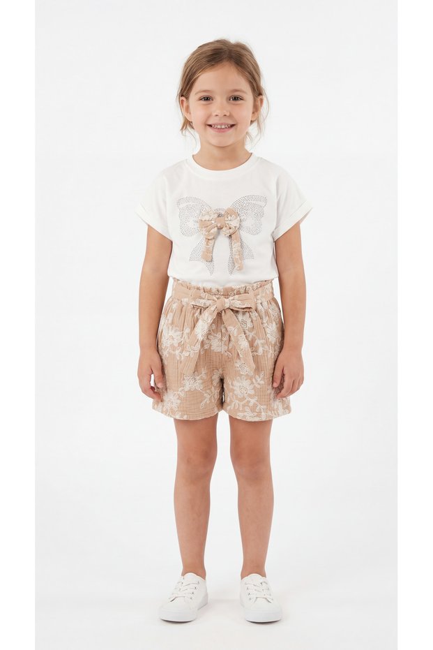 Bow Tie Ribbon and Stone Girls' T-Shirt-Shorts Set