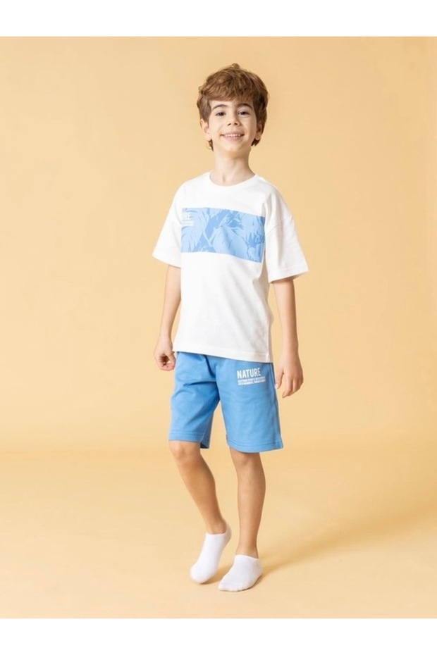 Boy's Top and Bottom Set Tshirt & Shorts 100% Cotton Gray Patterned Print