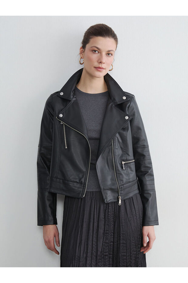 Nevavm Black Double-Breasted Collar Women's Leather Look Jacket with a Difference - S6M005Z8-Cvl