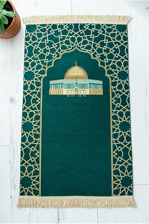 Al-Aqsa Mosque Patterned Chenille Prayer Rug - Green