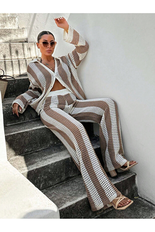 Women's Vi̇zon Cotton Oversize Knitted Openwork Striped Knitwear Set Beach Set