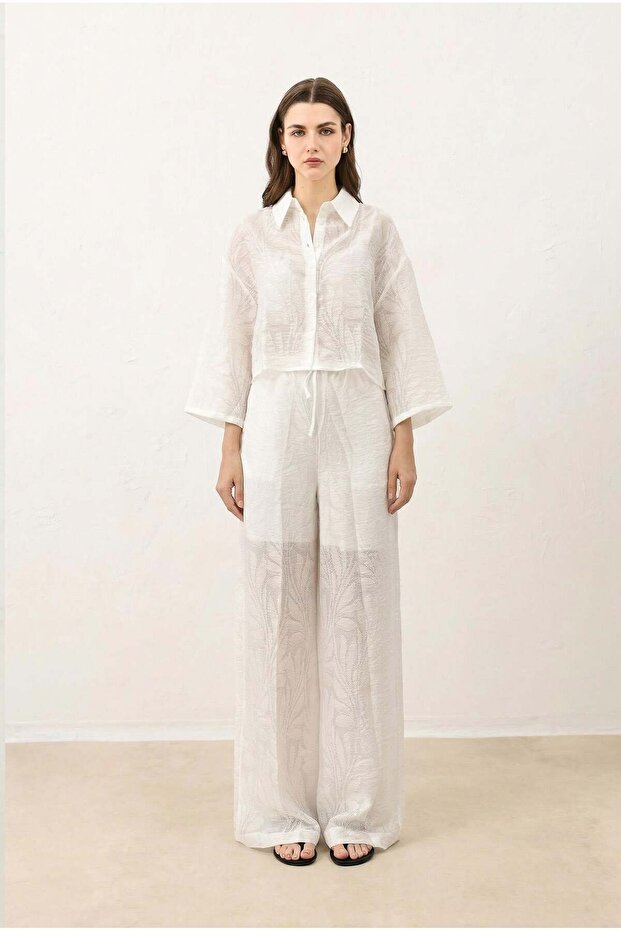 Ecru Floral Patterned Shirt and Pants Women's Set
