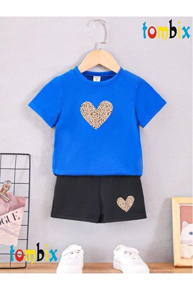 Leopard Heart Printed T-Shirt Shorts Summer Children's Set