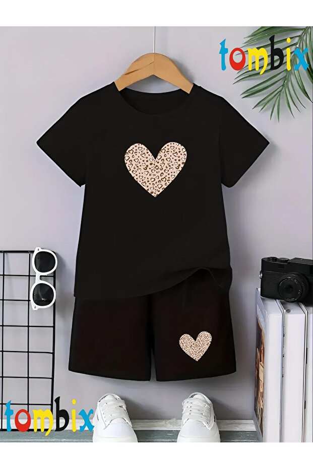 Leopard Heart Printed T-Shirt Shorts Summer Children's Set