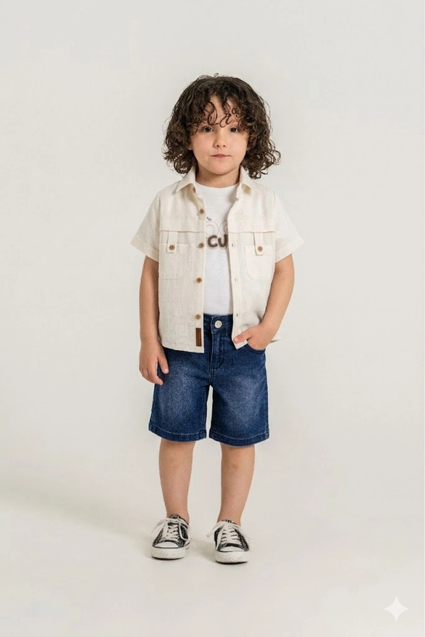 Boys' 3-Piece Shorts Set - 100% Cotton Premium Series Shirt and Denim Shorts