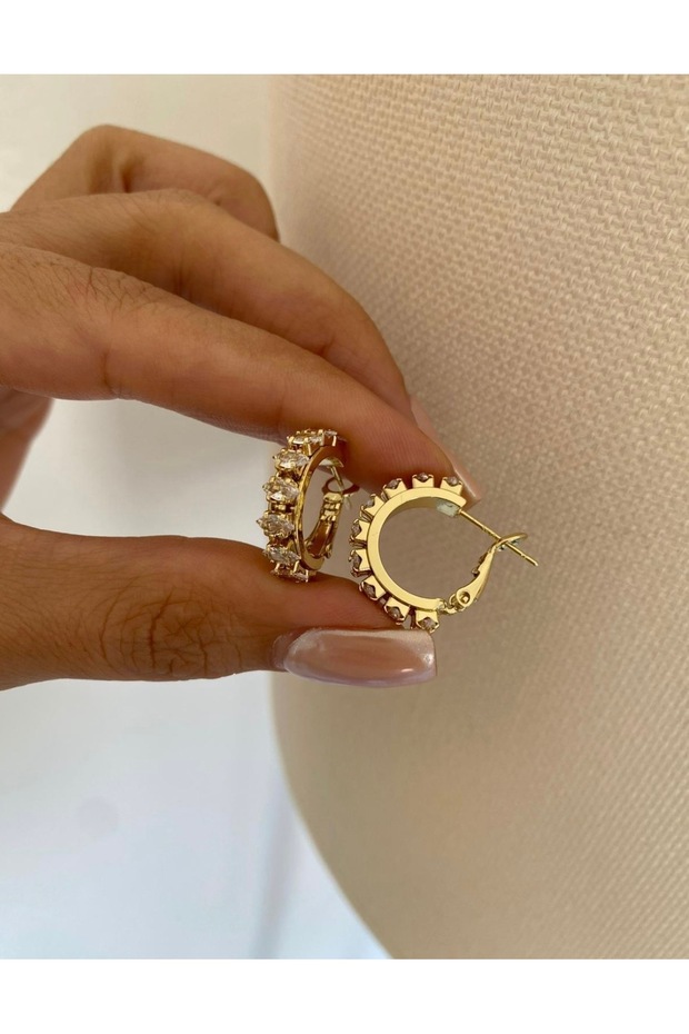 Fd Gold Row Marquise Stone Model Stylish Non-Tarnish Hoop Earrings