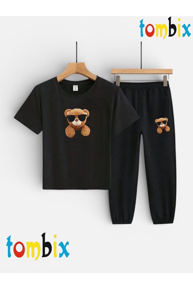 Bear with Glasses Printed T-Shirt and Sweatpants (Sweatpants with Pockets) Children's Top and Bottom Set