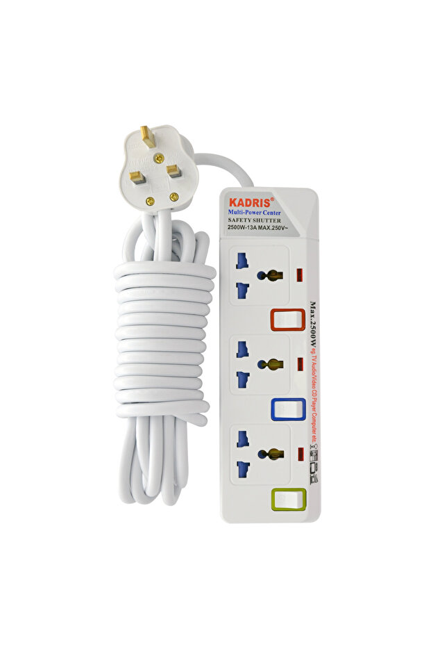 Heavy Duty Power Strip Extension Cord – 3 Way Outlets 5M Cable | Safe & Durable (White)