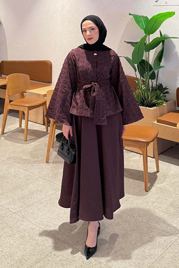Belt Detailed Blouse-Skirt Set Plum