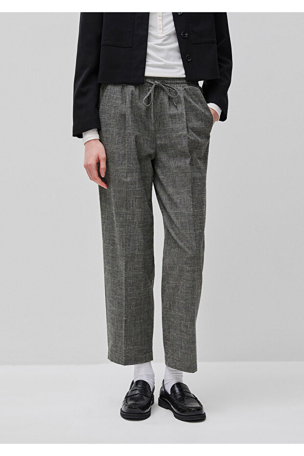 Women's gray cotton blend plaid patterned drawstring waist trousers