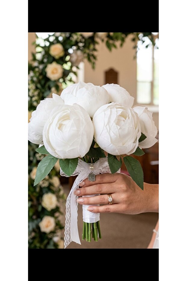30 cm 7 Branches 8 cm in Diameter White Peony Roses with Big Heads Bride's Hand Bouquet Vase