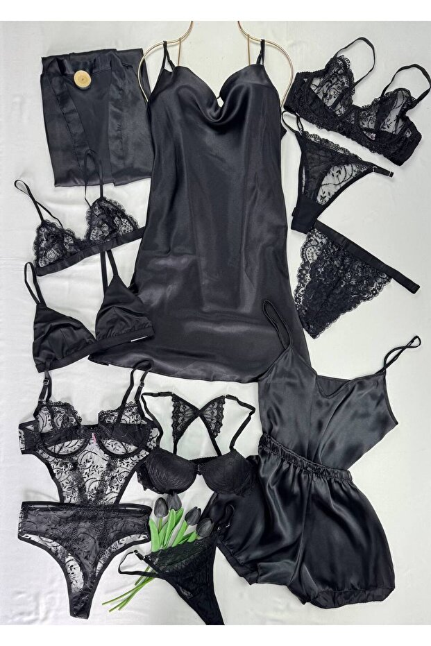 Satin Dressing Gown Nightgown Underwear Boxed Dowry Set 12 Pieces