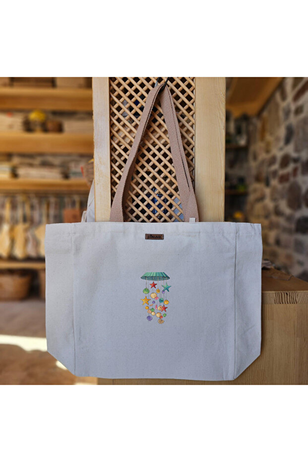 Colorful Starfish and Shells Printed Natural Canvas Tote Bag Light Brown Handle White - Small