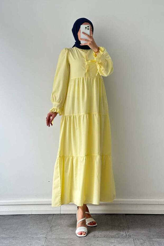 Sleeve Tie Detail Hijab Dress Yellow