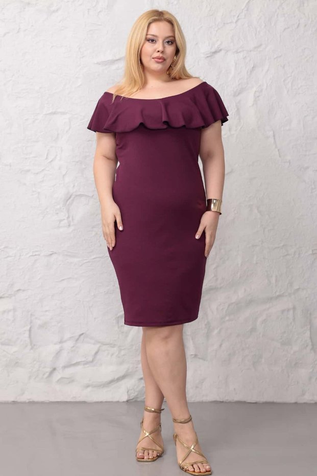 Women's Plus Size Shoulder Ruffle Detailed Madonna Collar Stretchy Dress