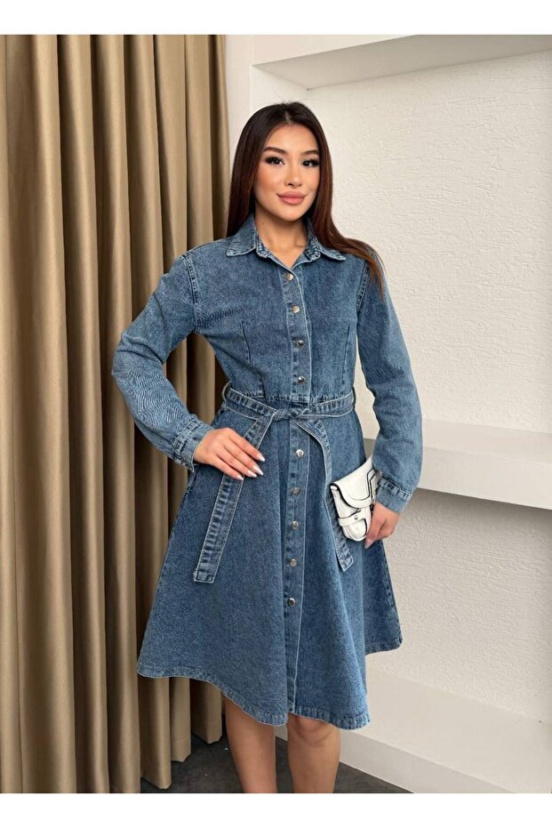 Snap Detailed Belted Long Sleeve Denim Dress