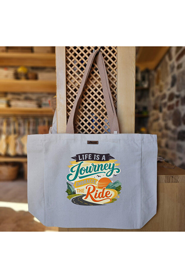 Turquoise Green and Orange Journey Themed Logo Modern Dynamic Printed Natural Canvas Tote Bag - Large