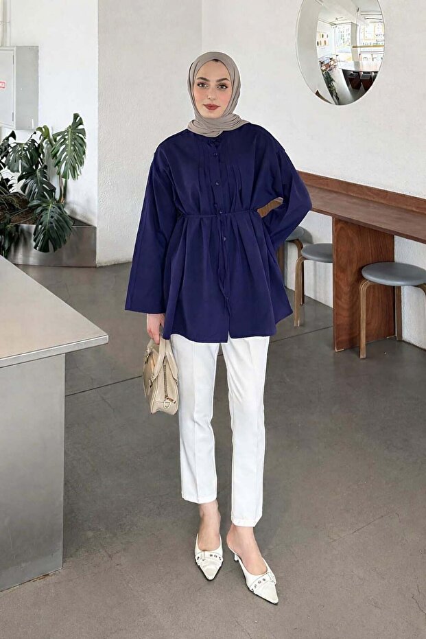 Pleated Wide Sleeve Shirt Navy Blue