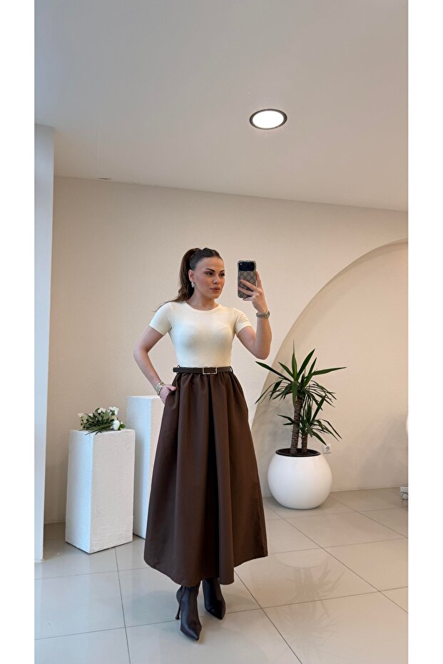 Self-Belted Lower Poplin Fabric Dress