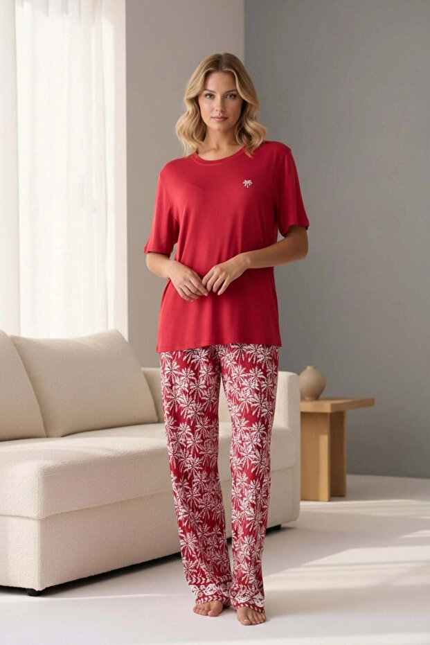 Wide Leg Lycra Pajama Set with Sleeves Red