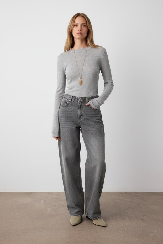 Gray High-Waisted Baggy 100% Cotton Jeans