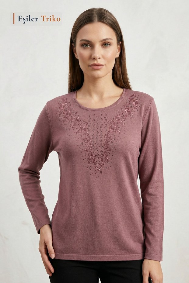 Women's Dusty Rose Spring Pattern Collar, Chest Embroidered, Stoned Mother Combed Cotton Blouse