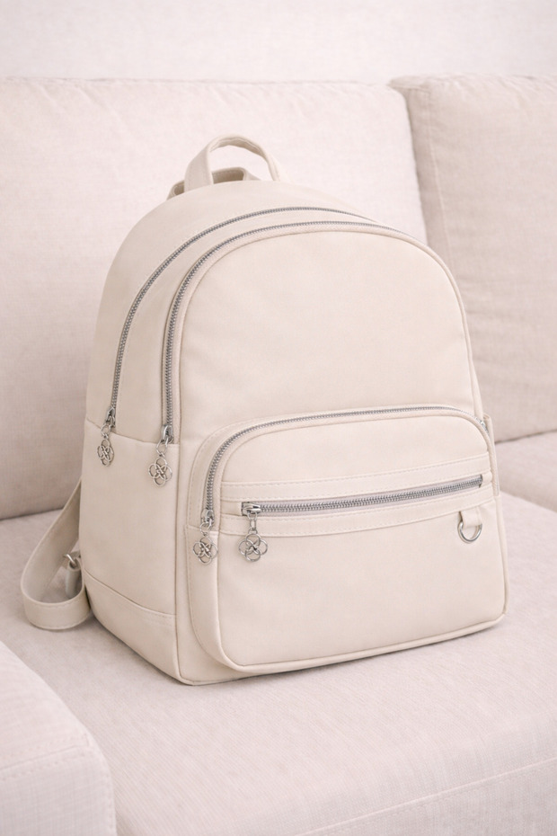 4-Compartment Cream Multi-Compartment Fabric Women's Backpack with Adjustable Straps – Daily Use