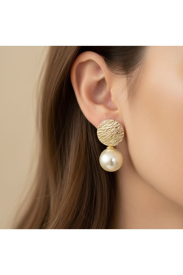 Forged Metal Textured Gold Plate and Pearl Detailed Design Earrings