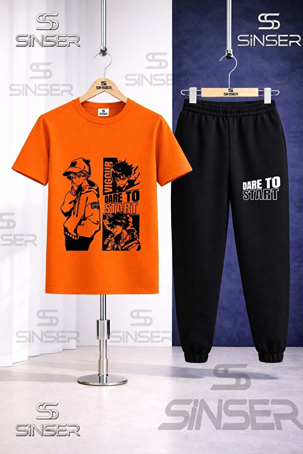 Children's Dare to Start Black Printed T-Shirt Tracksuit Set