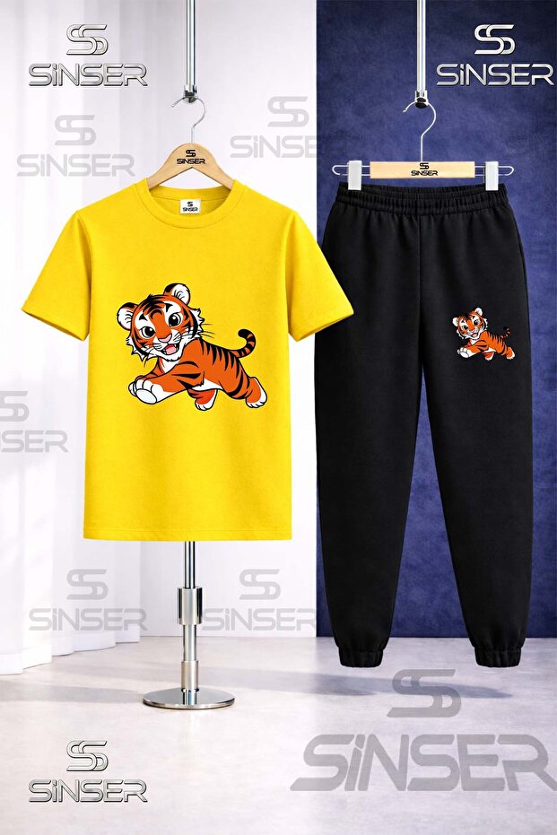 Children's Tiger Drawing Cute Printed T-Shirt Sweatpants Set
