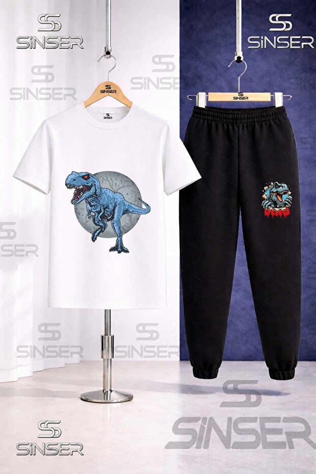 Children's Dinosaur Blue in the Circle Printed T-Shirt Tracksuit Set