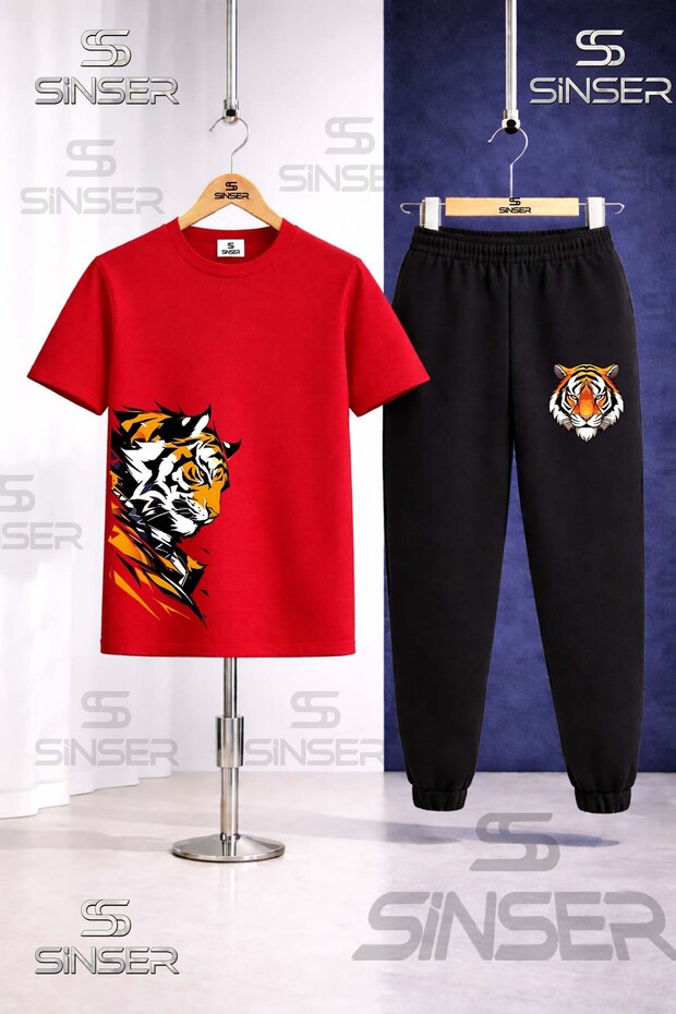 Children's Tiger Sag Looking Head Printed T-Shirt Tracksuit Set
