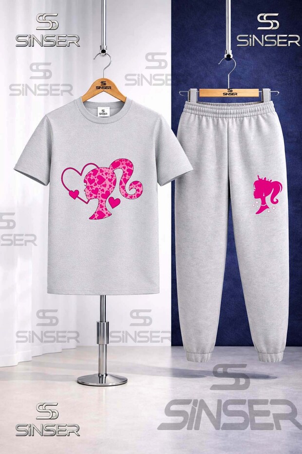 Children's Brbia Head Heart Pattern Printed T-Shirt Tracksuit Set