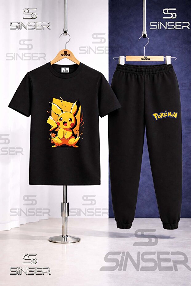 Children's Pikhacu Yellow Canvas Printed T-Shirt Sweatpants Set