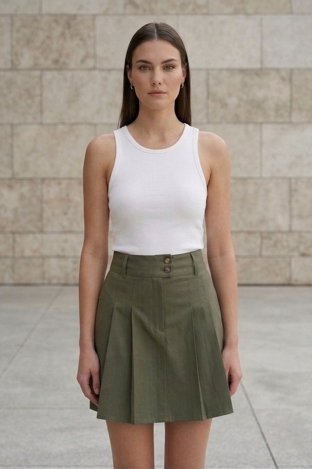 Women's Khaki High Waist Pleated Mini Skirt with Button Detail Stylish College Style Skirt