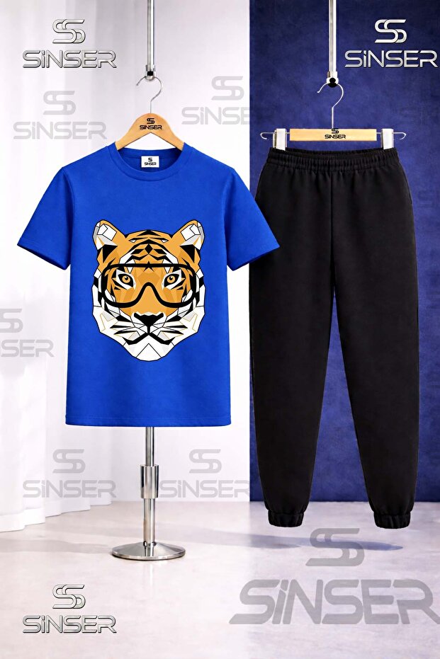 Children's Tiger Eyeglasses Head Printed T-Shirt Tracksuit Set