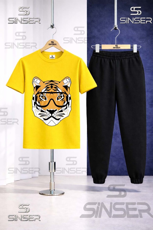 Children's Tiger Eyeglasses Head Printed T-Shirt Tracksuit Set