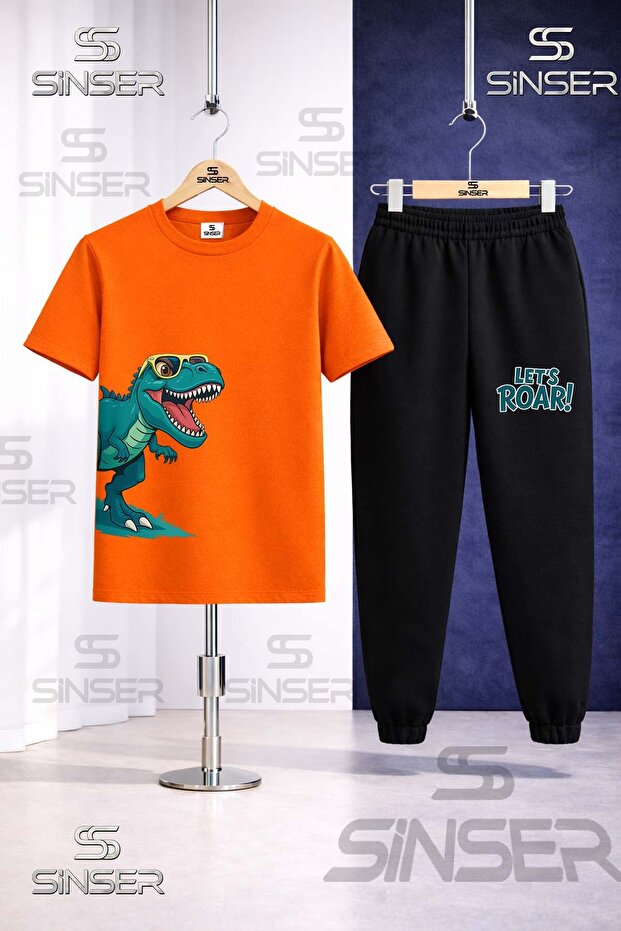 Children's Dinosaur Glasses Green Side Printed T-Shirt and Sweatpants Set