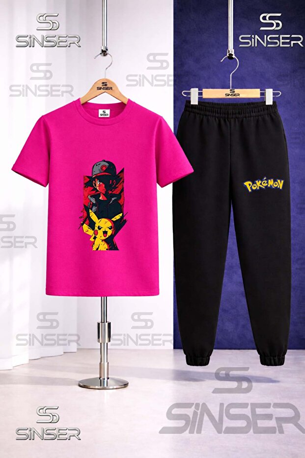 Children's Esli Pikhacu Syh Red Shadow Printed T-Shirt Tracksuit Set
