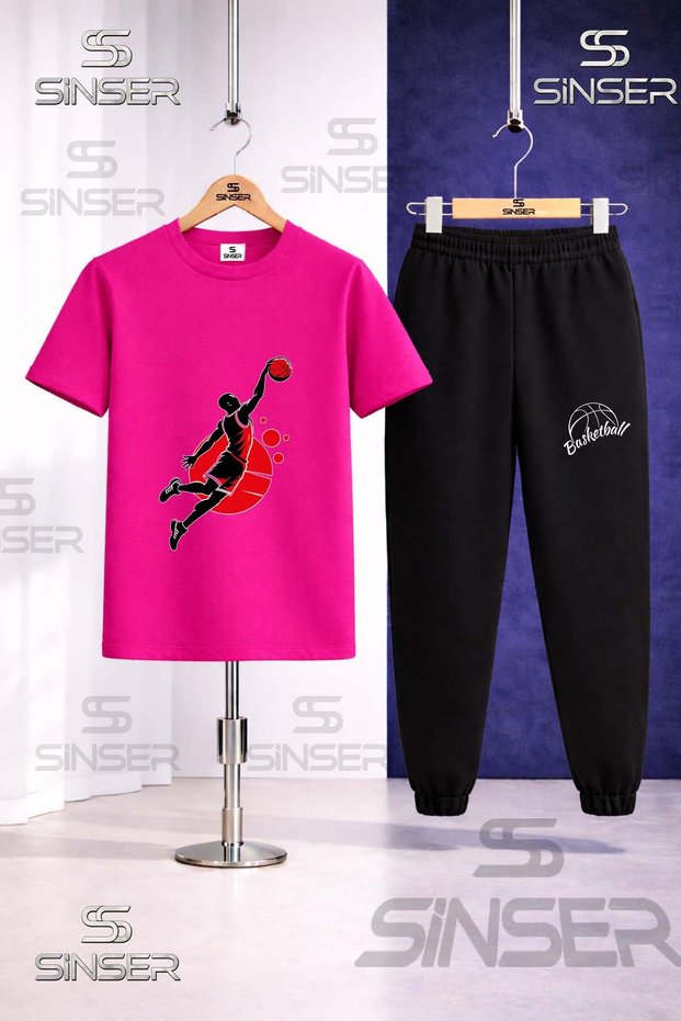 Children's Basketball Player Syh Red Printed T-Shirt Tracksuit Set