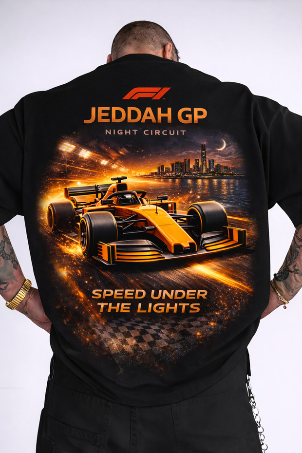 Unisex Jeddah Gp Night Circuit Front and Back Printed Oversize T-Shirt 100% Cotton Racing