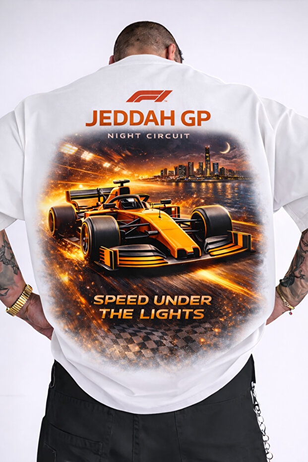 Unisex Jeddah Gp Night Circuit Front and Back Printed Oversize T-Shirt 100% Cotton Racing