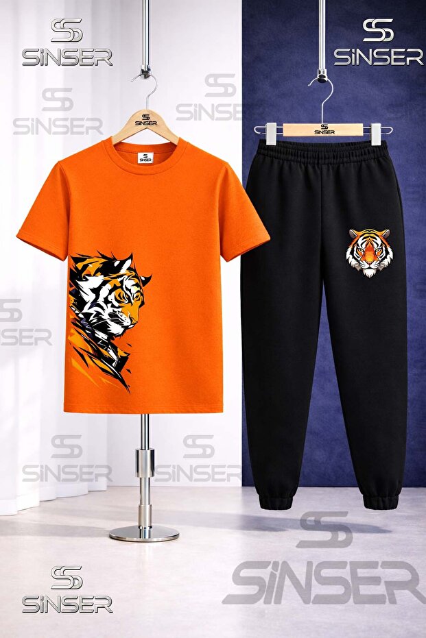 Children's Tiger Sag Looking Head Printed T-Shirt Tracksuit Set